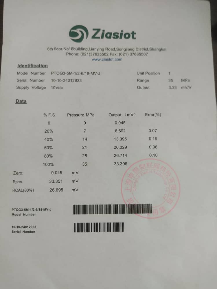 برگه تست کالیبراسیون سنسورهای فشار مذاب زیاسیوت